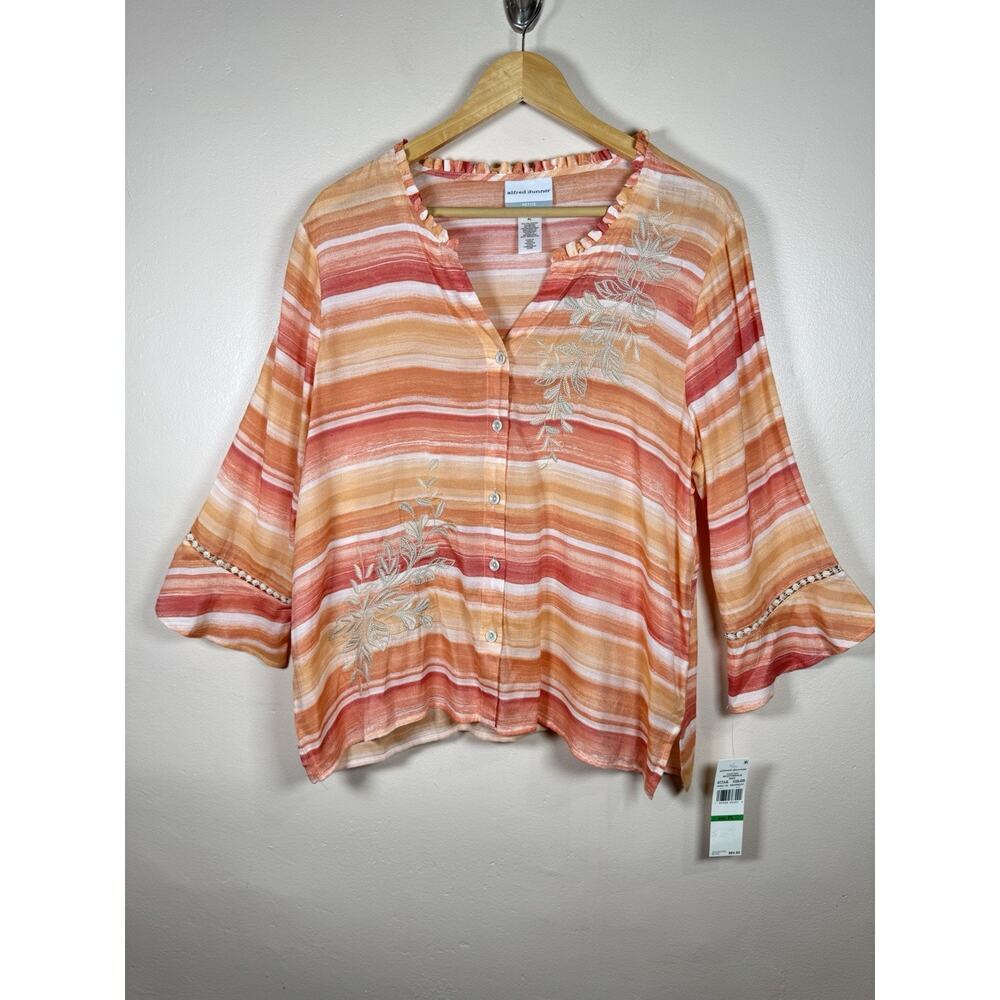 Alfred Dunner Womens Blouse Button Down Flare Sleeve Crochet Floral Petite L NWT